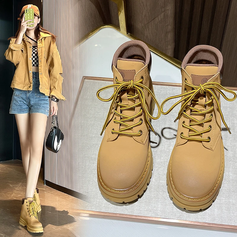 真皮情侣复古机车靴女款大黄靴工装厚底夏季马丁靴女百搭短筒靴