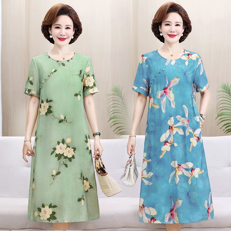 2023复古时尚气质优雅花朵薄款妈妈夏款宽松洋气民族风新款连衣裙