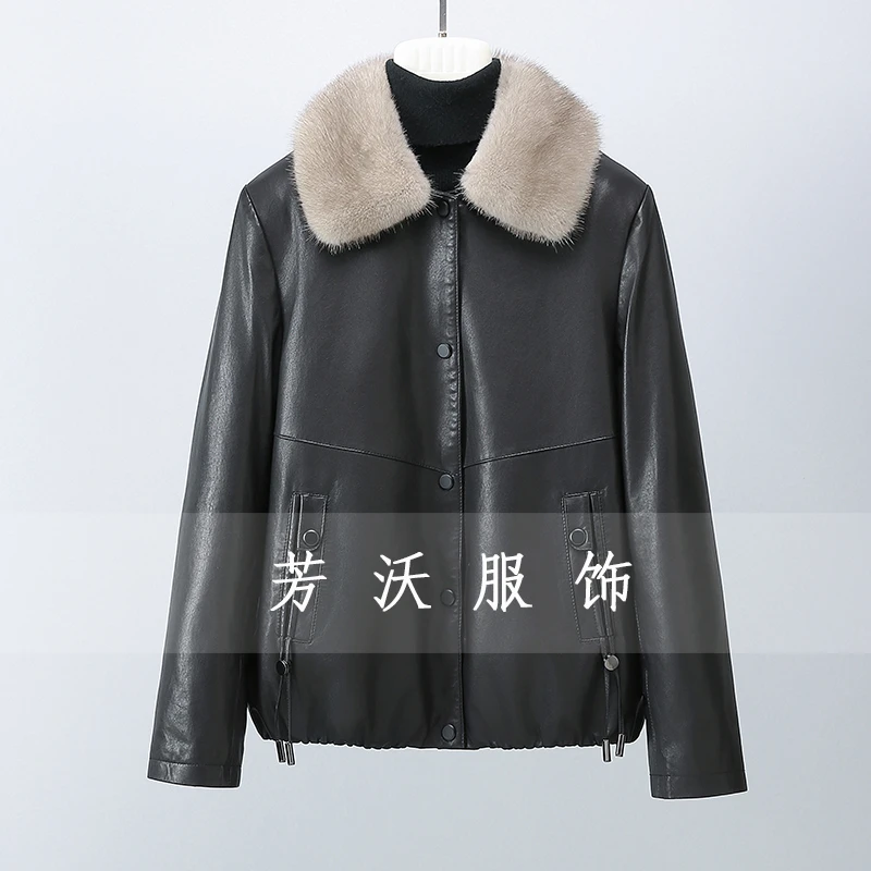 头层绵羊皮全植糅真皮加厚皮衣外套女水貂毛领秋冬外套大码