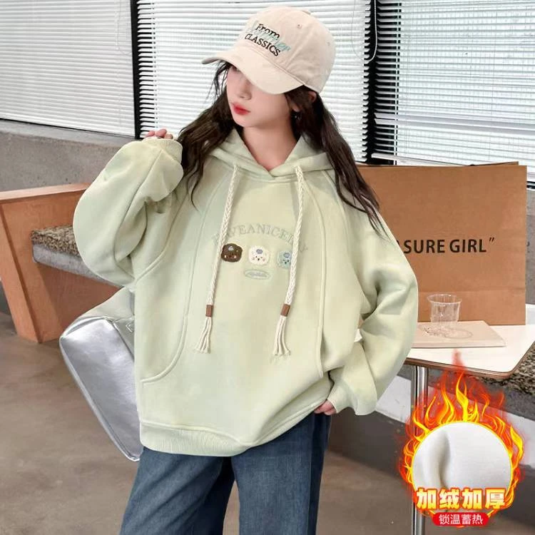 女童加绒卫衣冬季2024新款洋气儿童洋气连帽秋冬女大童一体绒上衣