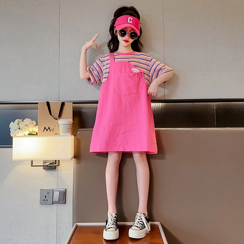 女童连衣裙夏装时髦背带裙2024新款洋气女孩儿童夏套装假两件裙子