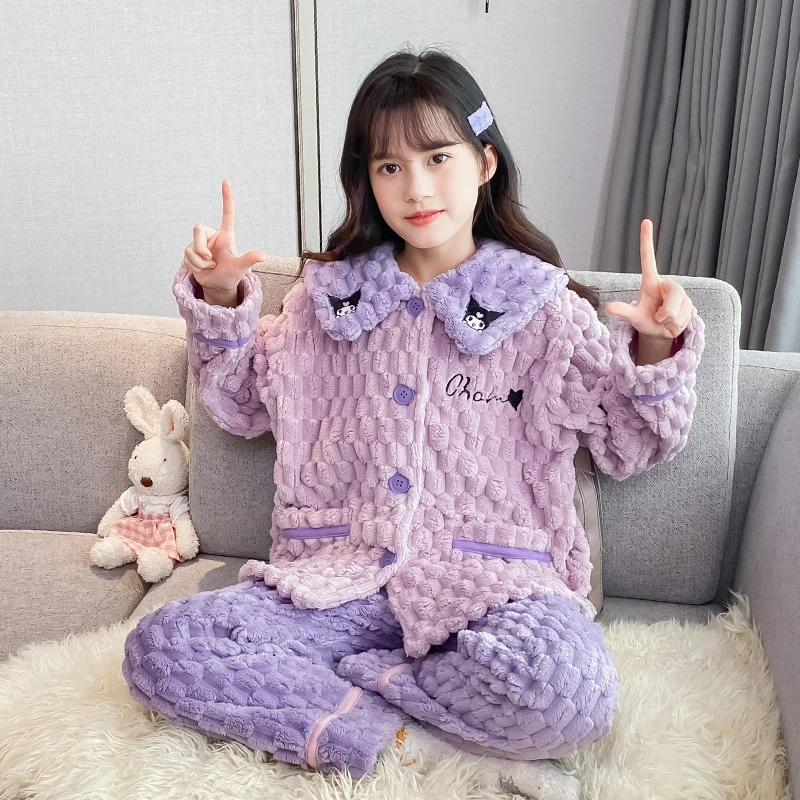 女童法兰绒睡衣套装秋冬2023新款中大童珊瑚绒儿童家居服库洛米