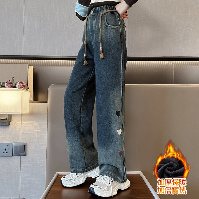 女童牛仔裤冬装2023新款洋气儿童加绒裤子秋冬款女孩加厚冬季潮
