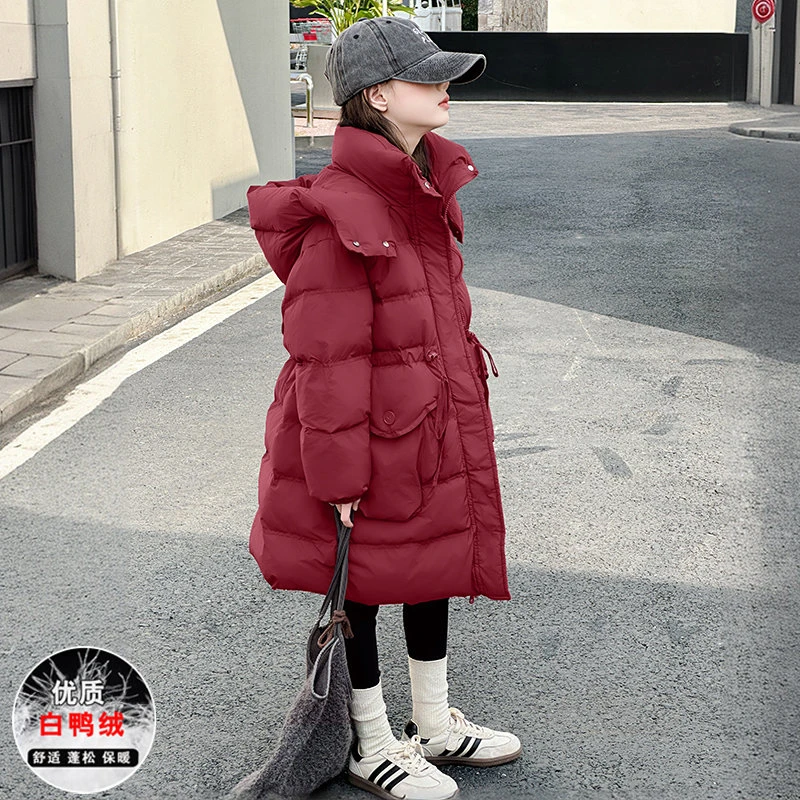 童装女童冬季中长款过膝羽绒服外套韩版宽松白鸭绒连帽保暖外套潮