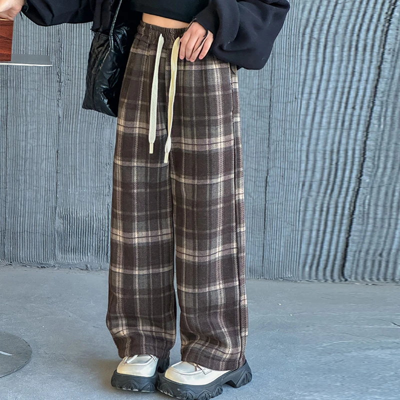 女童加绒加厚格子裤2023秋冬中大童爆款美拉德色系百搭休闲阔腿裤