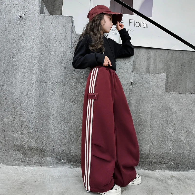 女童加绒裤子2023新款儿童洋气休闲阔腿裤中大童加厚冬装直筒裤潮