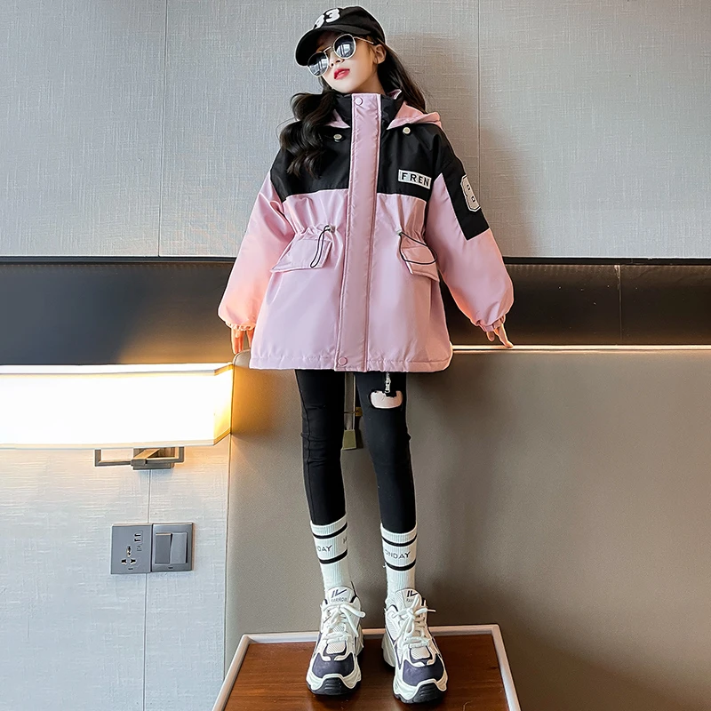 女童秋冬加绒冲锋衣2023新款女大儿童棉服洋气派克服夹棉加厚外套