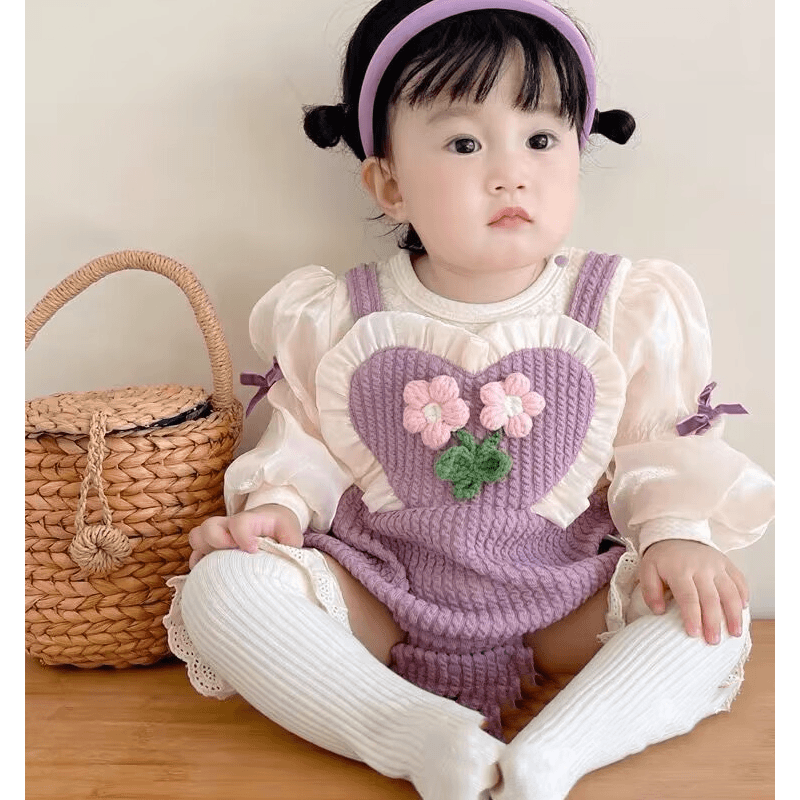 组合婴儿衣服秋装新生儿女宝宝连体衣公主紫色坑条爱心花朵满月百