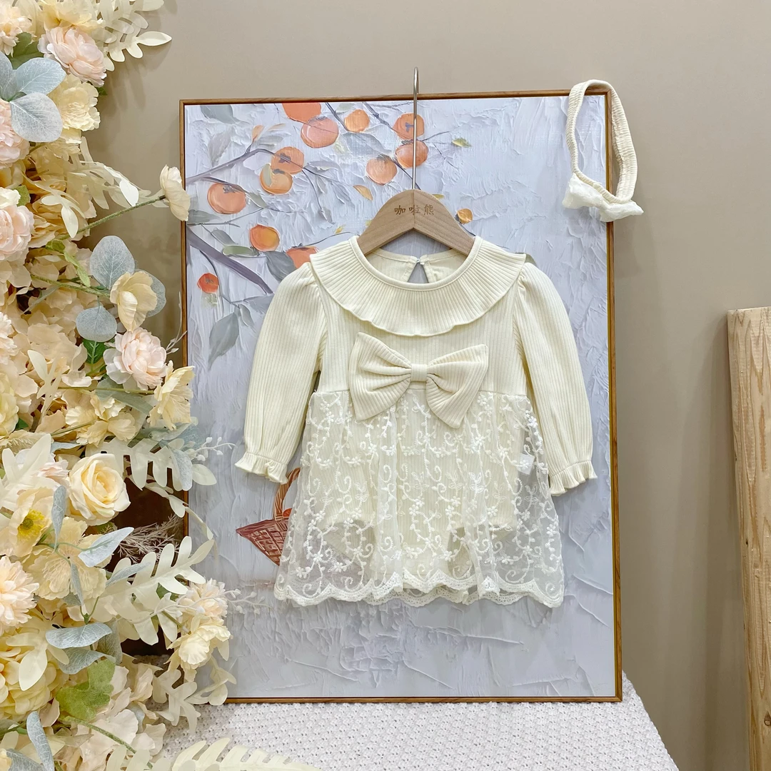 春秋款宝宝衣服新款蝴蝶结坑条娃娃领女宝洋气时尚长袖包屁裙