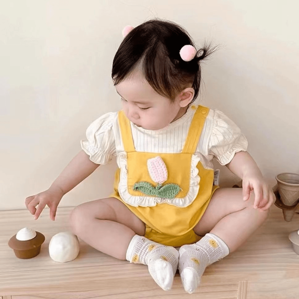 夏季新款连体衣韩版婴儿郁金香假背带拼接短袖包屁