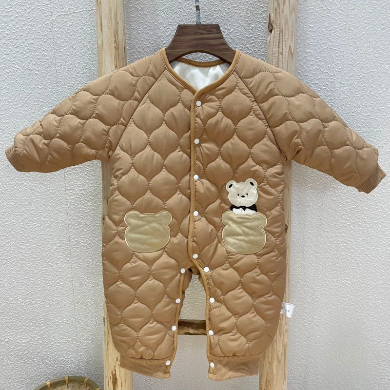 G冬款婴儿衣服圆领行棉小熊薄棉加绒哈衣宝宝保暖外出服