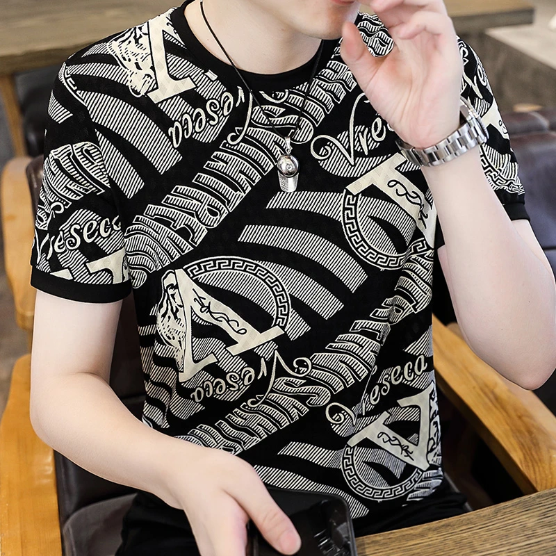 夏季新款男士冰丝短袖T恤打底小衫镂空薄款夏装速干半袖帅气上衣