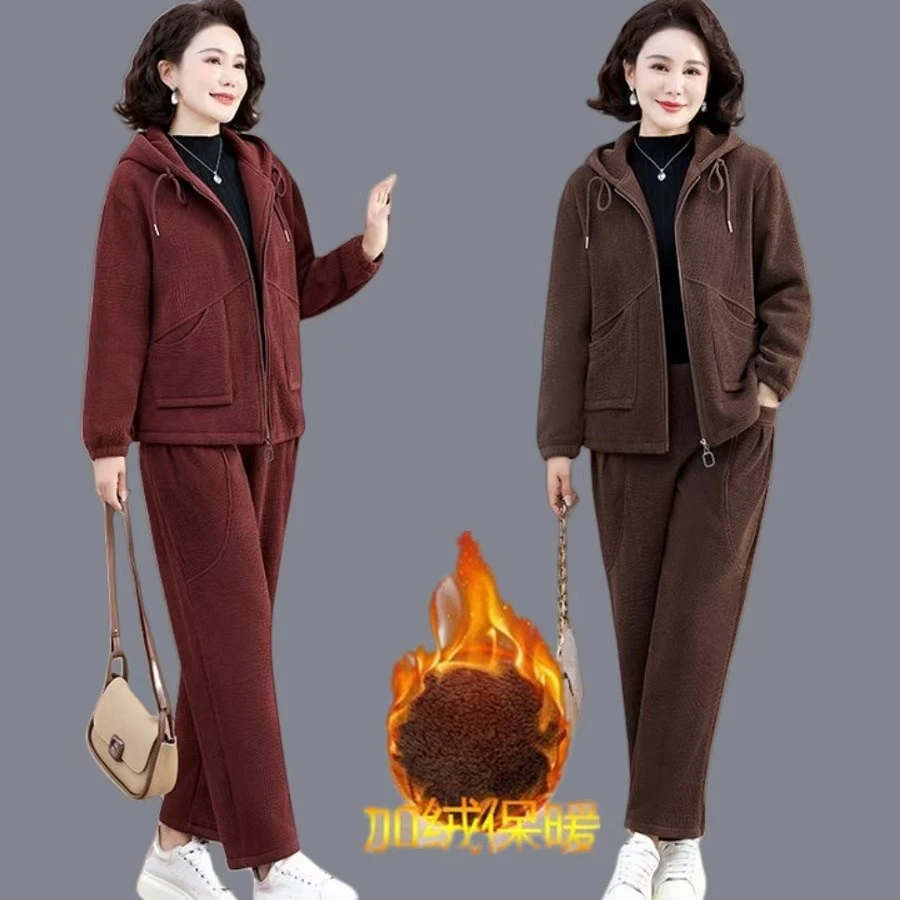 2024年秋冬季新款欧棉绒妈妈装加绒加厚保暖时尚时尚洋气洋气套装