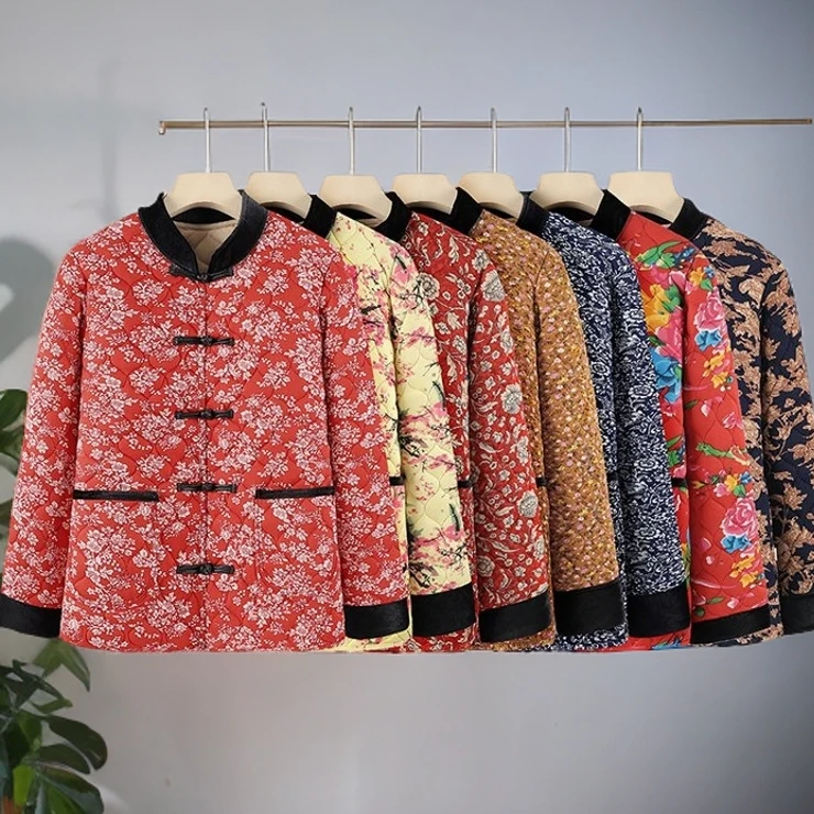 冬季短款立领盘扣拼接碎花棉袄妈妈装加绒小棉衣保暖棉服女装上衣