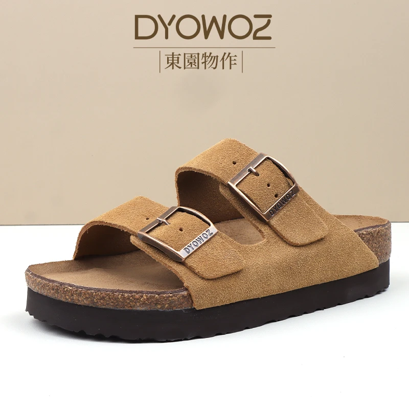 東园物作夏季厚底二字凉拖鞋时尚真皮一脚蹬潮流防滑软底勃肯外穿