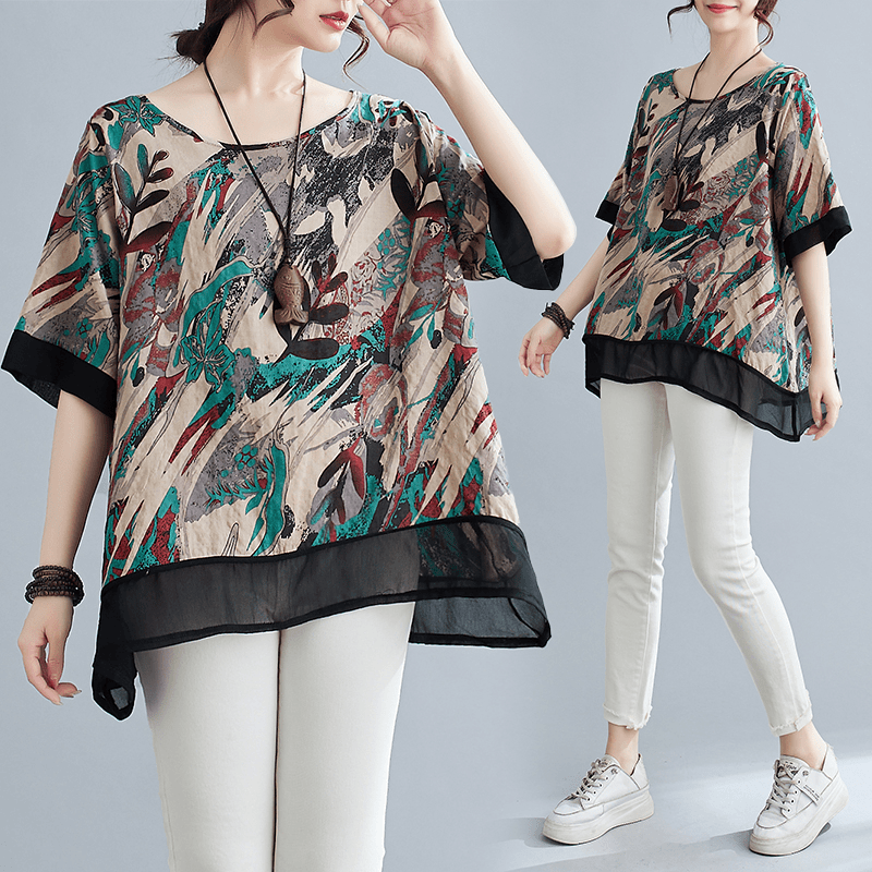 棉麻大码女装夏季洋气宽松小衫时尚印花拼接雪纺显瘦气质百搭上衣