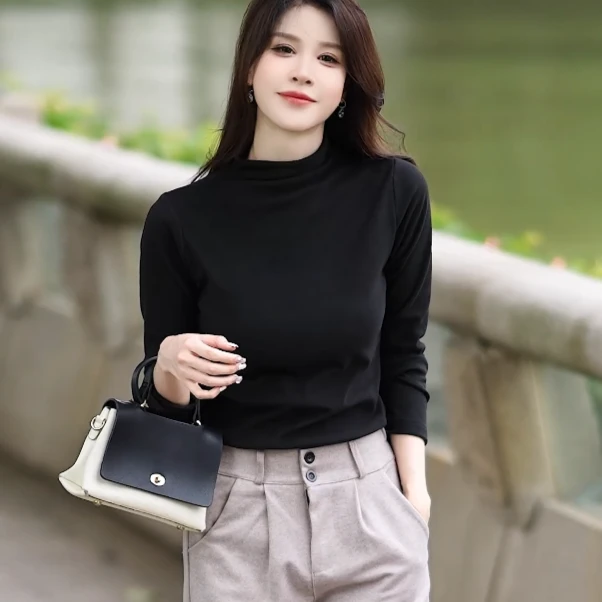 半高领德绒打底衫女新款秋冬内搭长袖t恤自发热保暖双面磨毛上衣