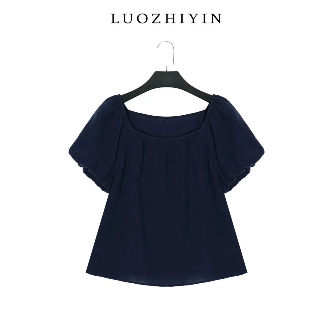 LUOZHIYIN/罗知音T110323F夏季松紧方领泡泡袖上衣T恤纯色短袖
