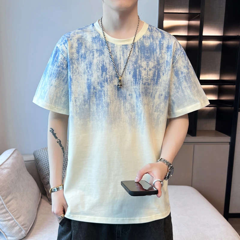 夏季新款男士纯棉短袖T恤港风潮流青少年渐变半袖体恤衫