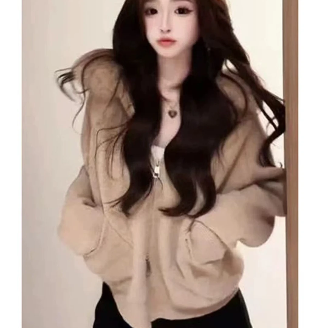 韩系气质毛领连帽毛衣外套女秋冬新款高级感时尚慵懒针织开衫上衣