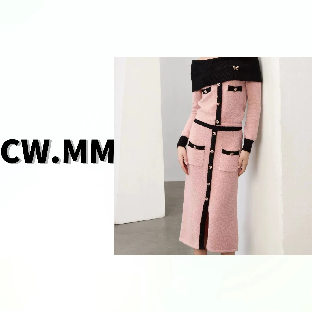 CW.MM ~大翻领拼色修身上衣半裙套装