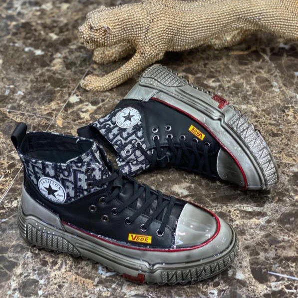 广州潮鞋四季新款真皮白色高帮鞋男时尚休闲滴胶鞋厚底老爹鞋男