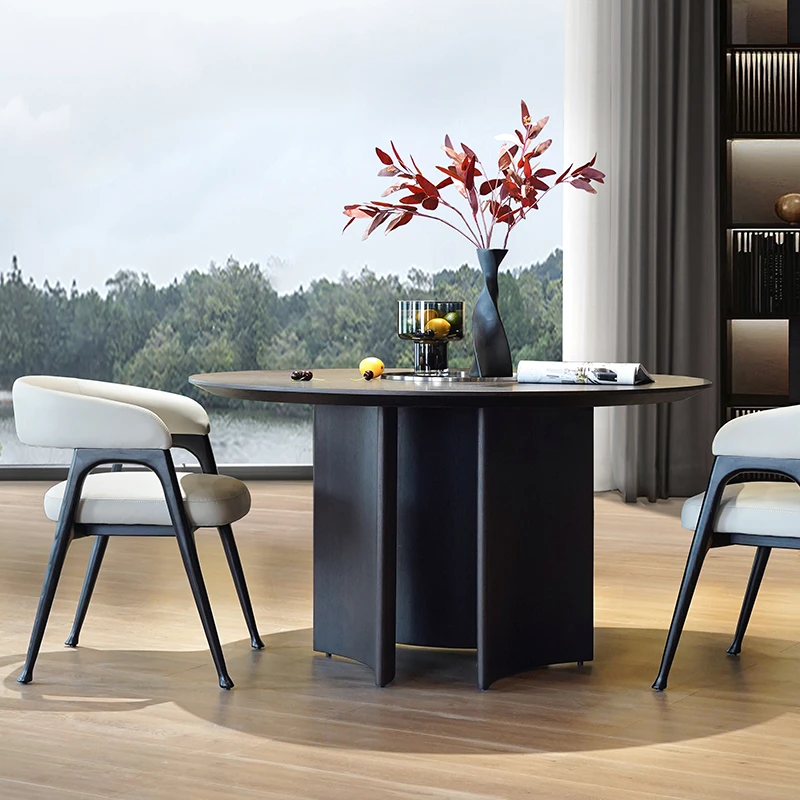 熏木圆形餐桌转盘吃饭桌子意式极简家用简约现代餐厅桌轻奢