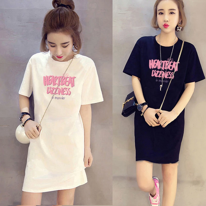 圆领中长款印花短袖T恤裙子女2023春夏季装新款韩版宽松套头内搭