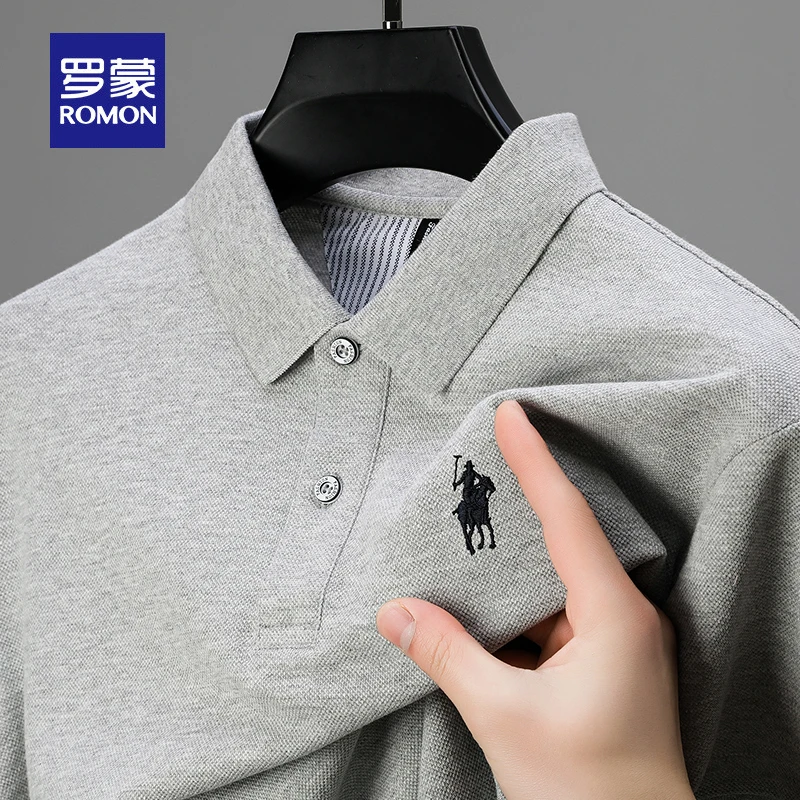 罗蒙100%纯棉夏季POLO衫男士短袖新款休闲百搭宽松t恤刺绣薄上衣