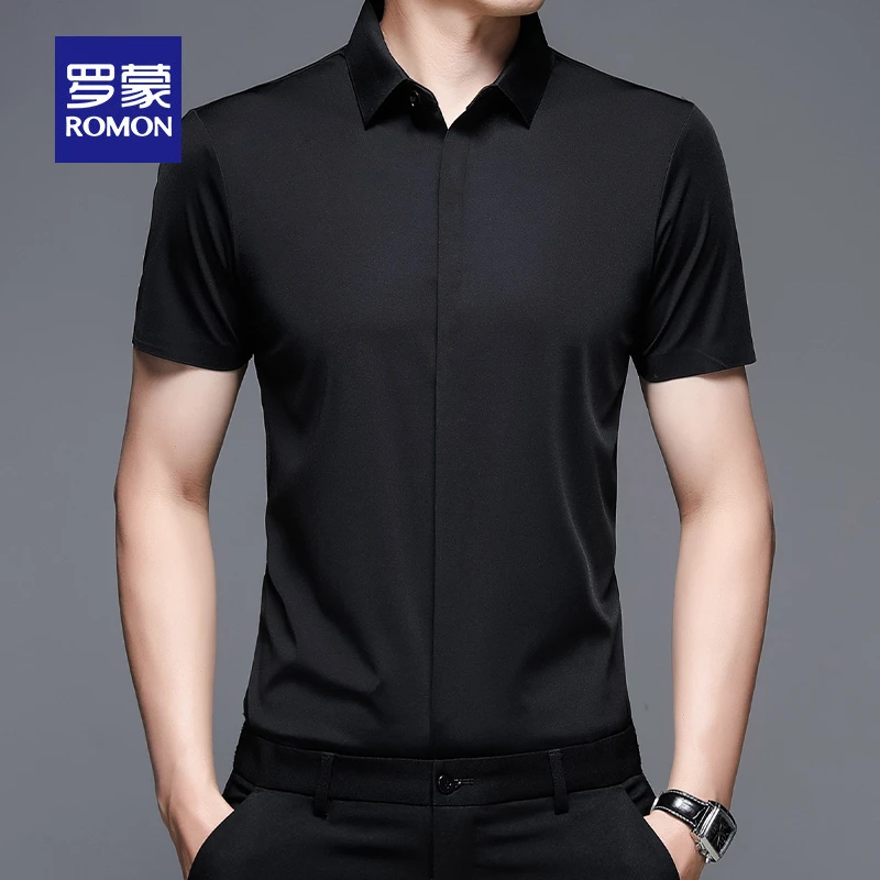 罗蒙轻奢高端无痕暗扣衬衣男士短袖衬衫夏季商务休闲冰丝免烫上衣
