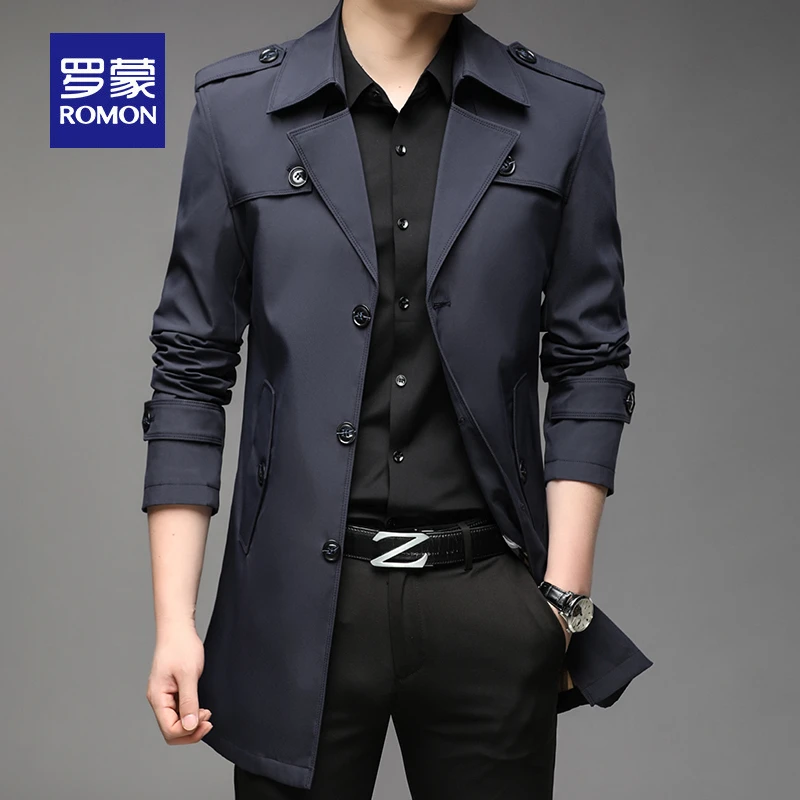 罗蒙中长款风衣男春秋季新款中青年男士商务休闲时尚潮流百搭外套