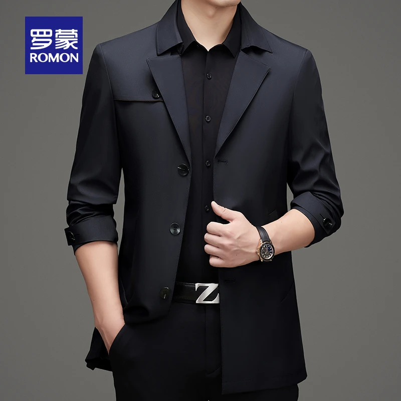 罗蒙风衣外套男款时尚中长款春秋季男士商务休闲西装领高档夹克潮