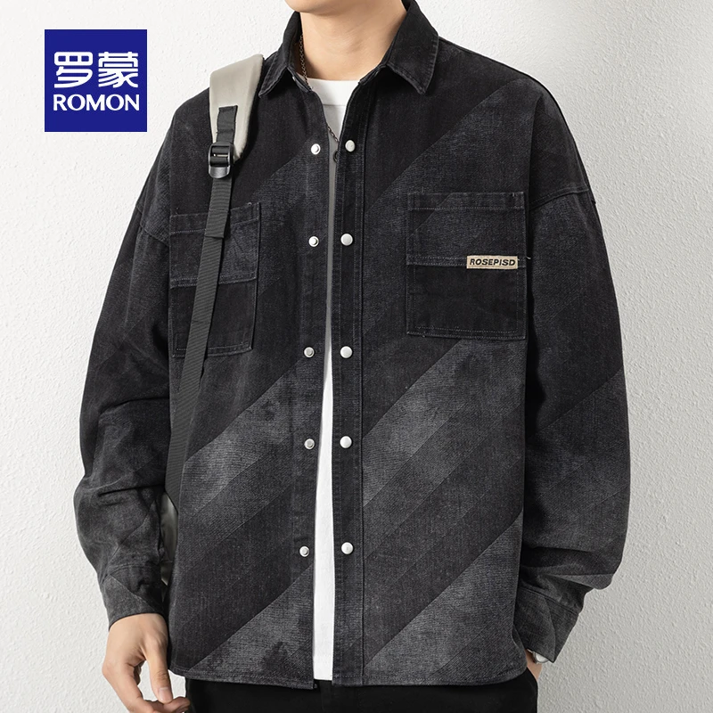 罗蒙2024秋季新款翻领衬衫牛仔夹克暗花渐变色韩版男士衬衣外套潮