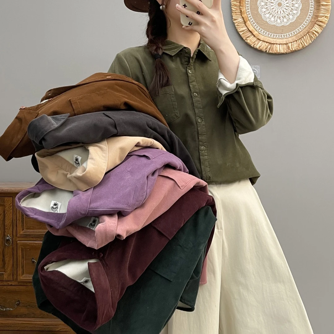 8375冬款加绒衬衫灯芯绒纯色加厚保暖防寒尖领口袋衬衣