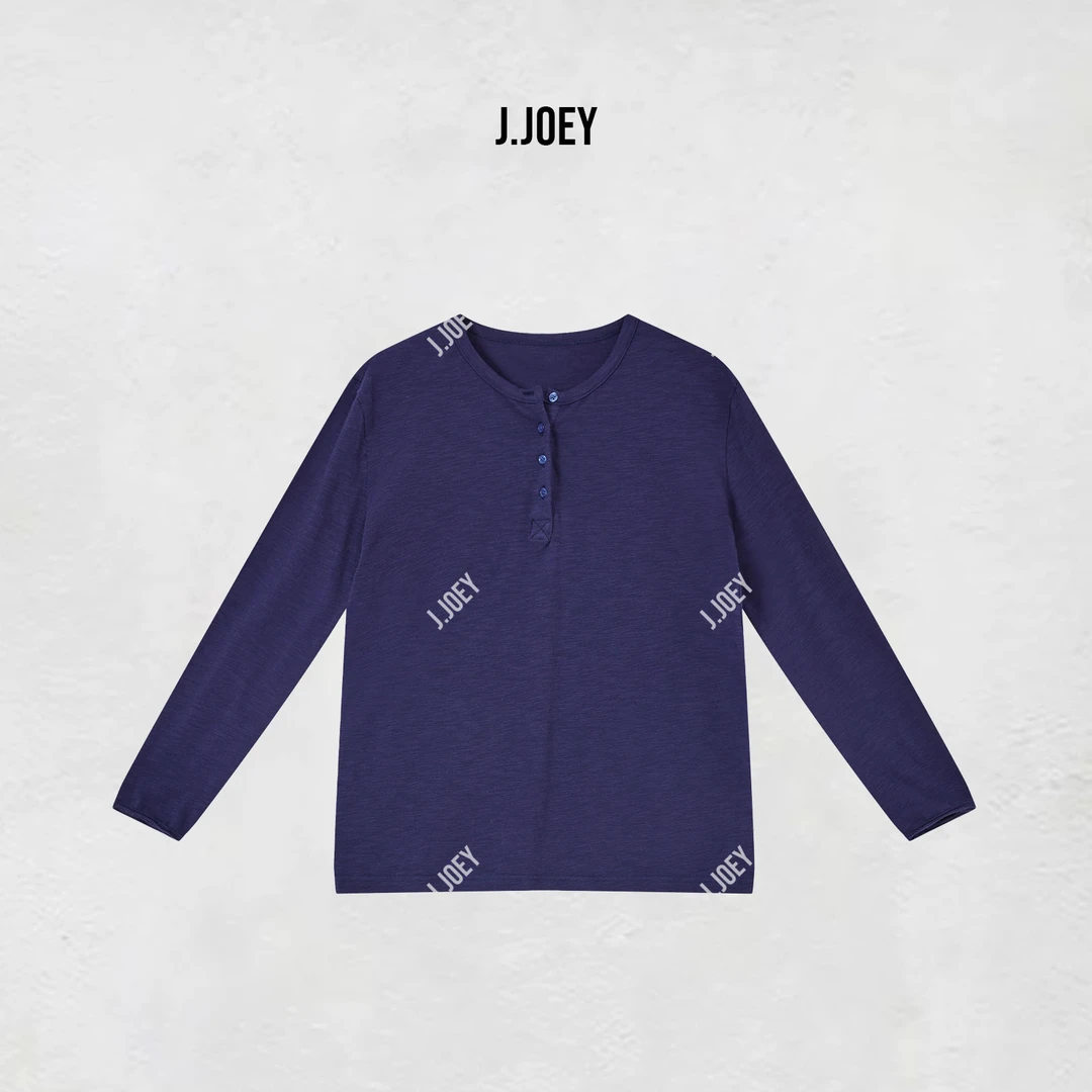 J.JOEY复古蓝色扣半开领长袖女装纯色圆领宽松打底T恤0576