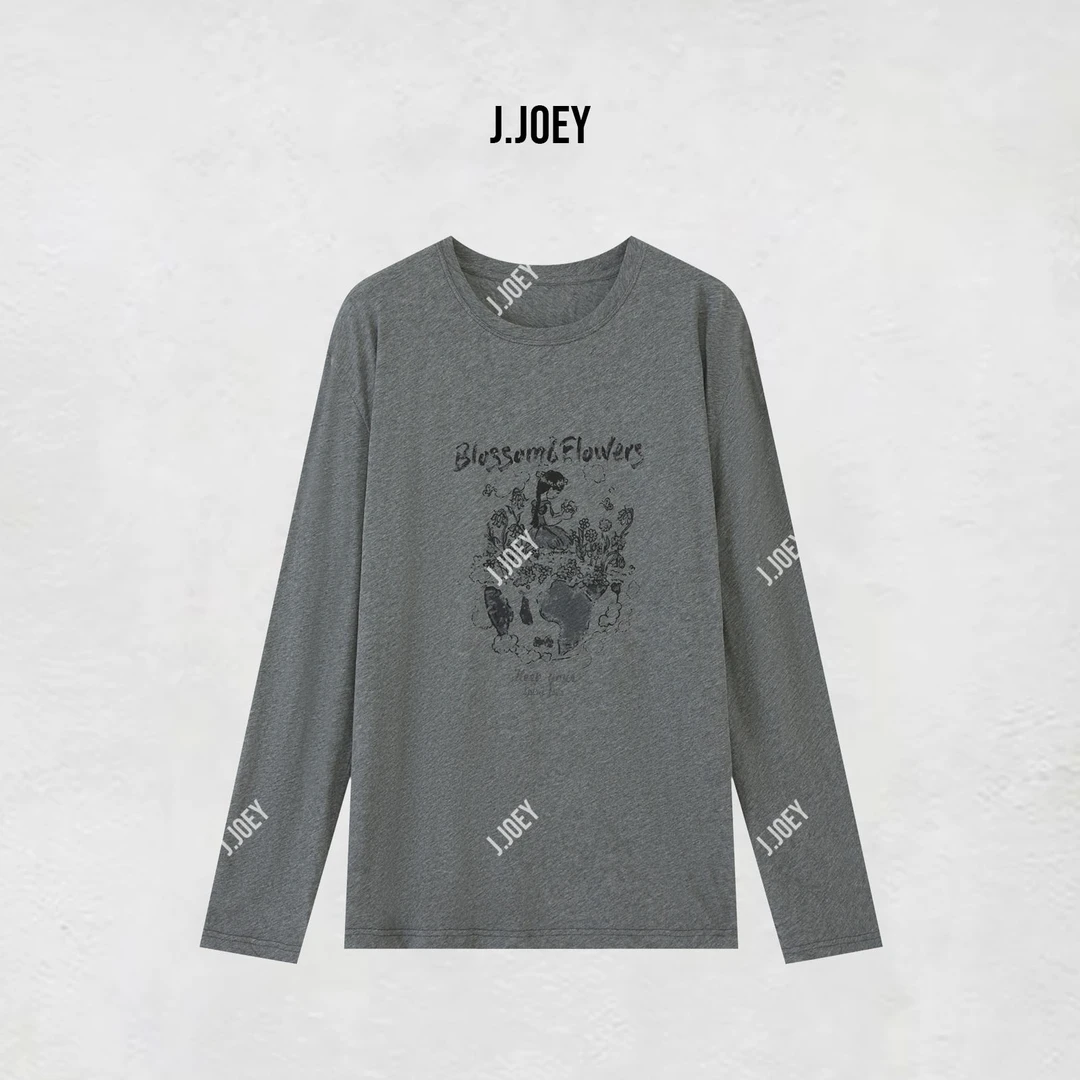 J.JOEY  100%纯棉灰色做旧印花长袖秋季圆领宽松T恤0502