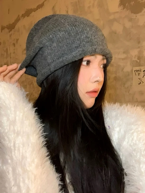 显脸小秋冬纯色针织帽子女绑带复古包头帽保暖毛线帽抽绳款堆堆帽