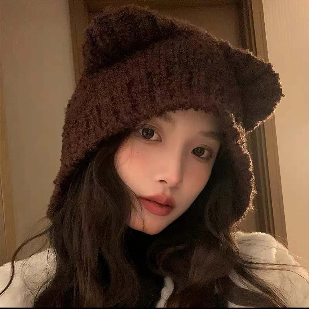 可爱小熊帽子毛绒护耳帽女秋冬百搭大头围显脸小保暖显脸小帽子