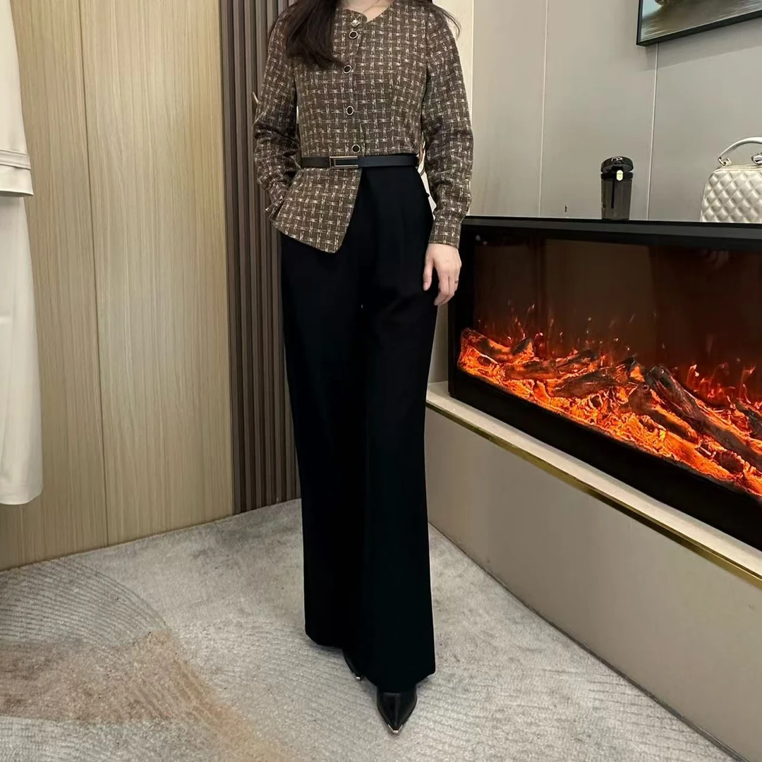 2024年春秋气质显瘦轻奢巧克力色高腰休闲长袖修身百搭女装连体裤