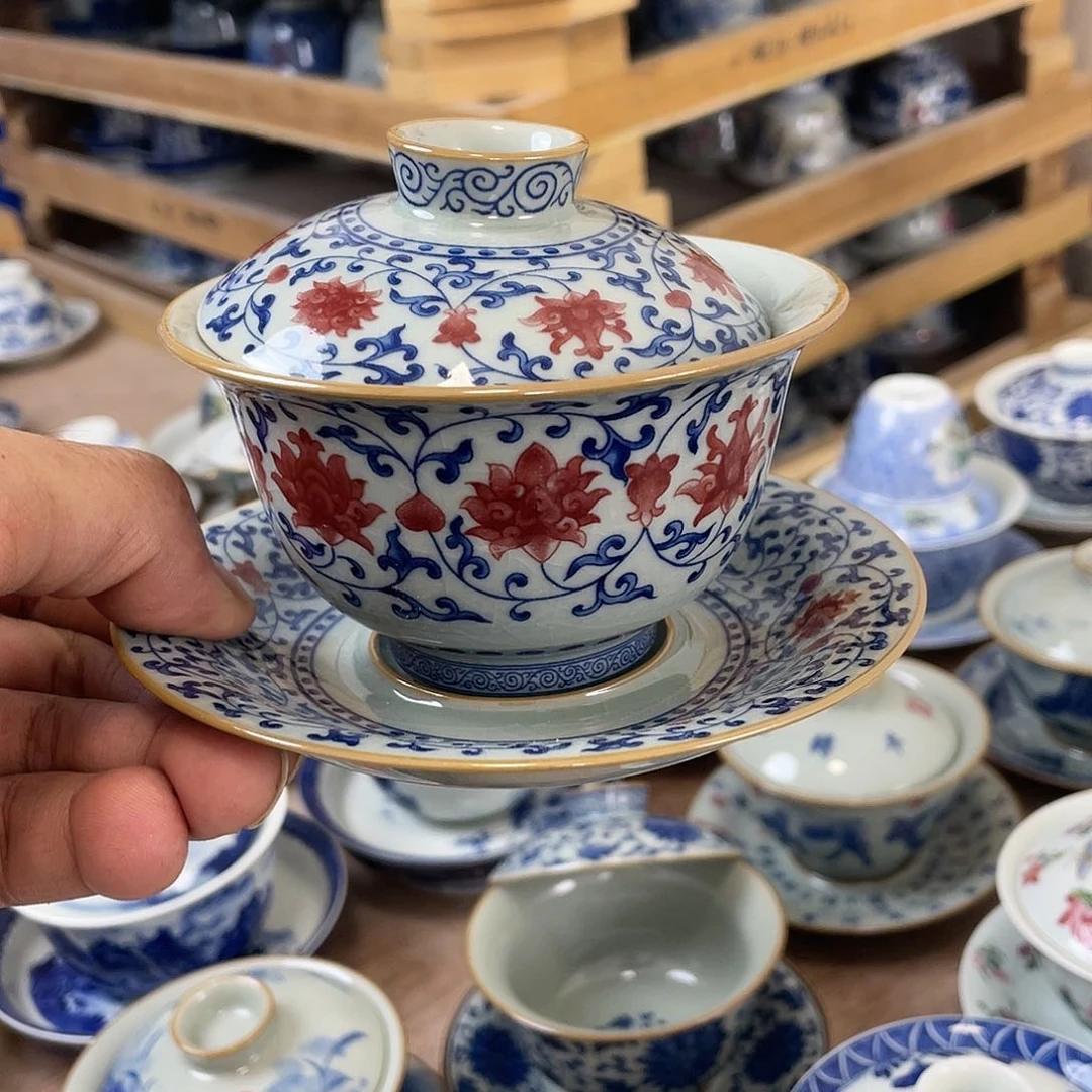 杯淘泥青花釉里红元宝盖碗全品