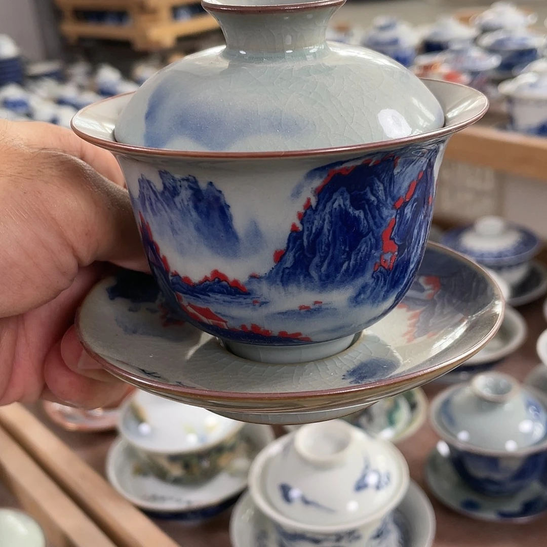 碗淘泥青花釉里红千里江山铃铛盖碗（微瑕
