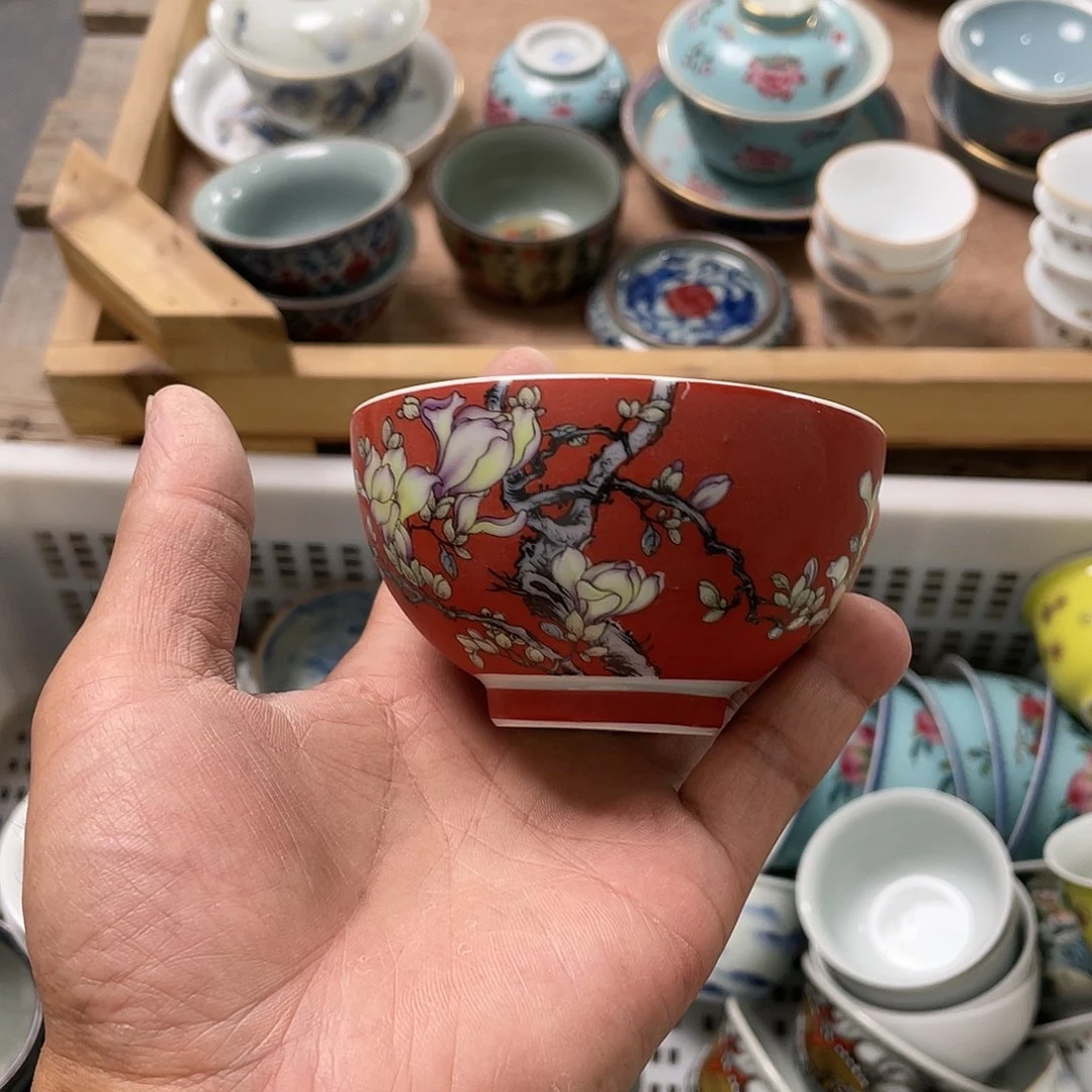 碗白红兰花鸡心杯（微瑕