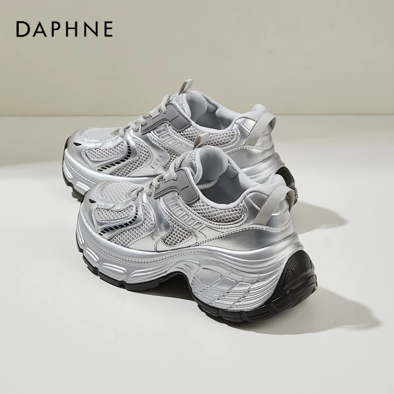 达芙妮银色老爹鞋女款2025春秋新款小个子8CM厚底增高休闲运动鞋
