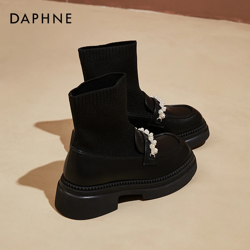 达芙妮厚底乐福鞋袜靴女2025年新款秋冬时尚弹力瘦瘦靴短靴马丁靴