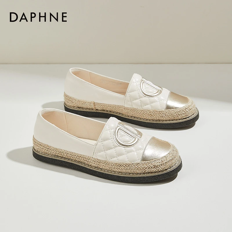 达芙妮小香风渔夫鞋女2025新款夏季草编舒适一脚蹬懒人鞋平底板鞋