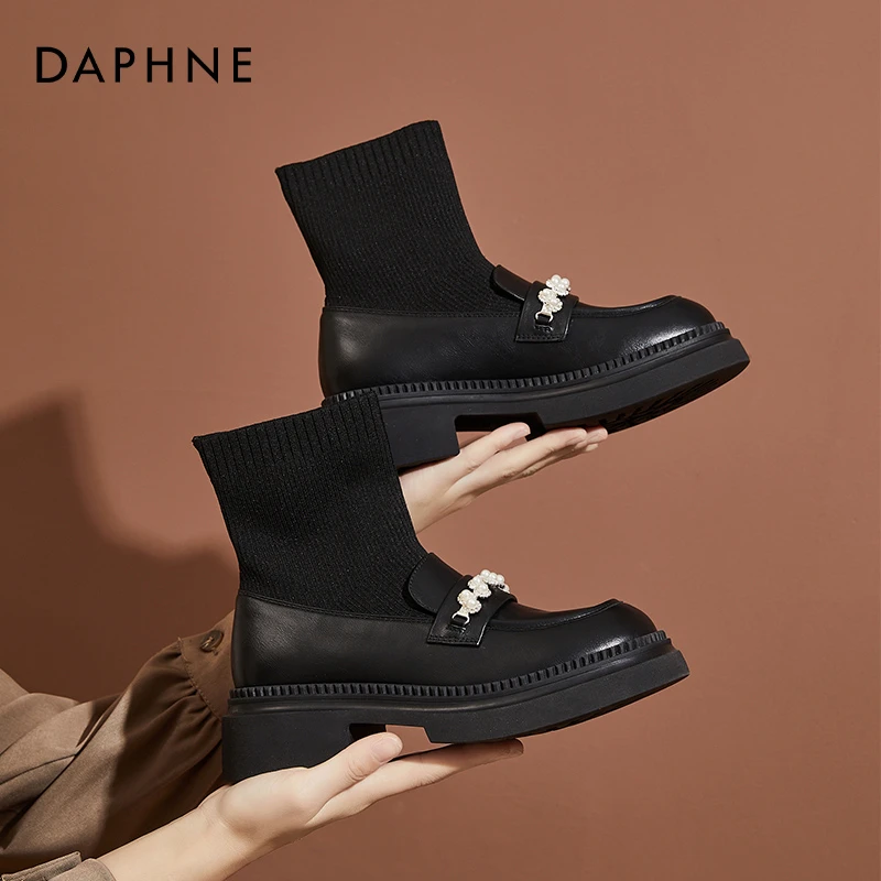 达芙妮厚底乐福鞋弹力袜靴女2025秋冬新款黑色瘦瘦靴子短靴马丁靴