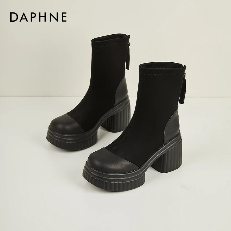 达芙妮9cm增高粗跟短靴女2025新款春秋女靴高跟马丁靴单靴瘦瘦靴