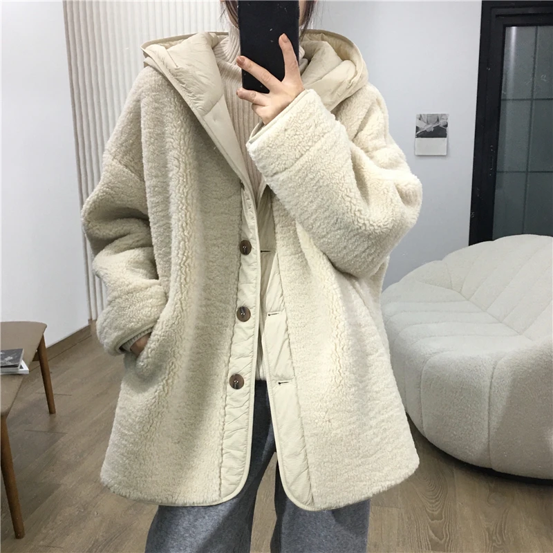 韩版宽松中长款仿羊羔毛加厚外套冬季慵懒连帽棉服