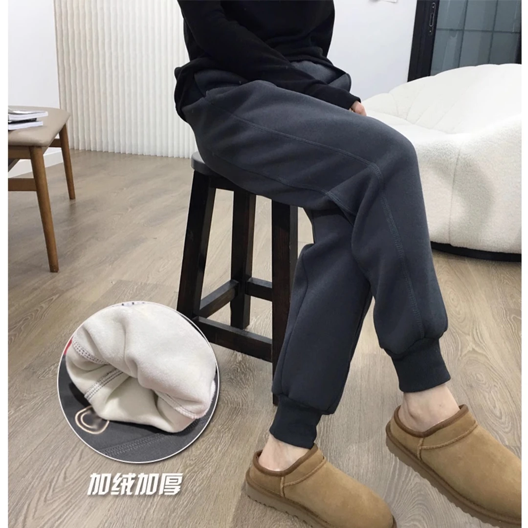 冬季束脚口笑脸刺绣加绒加厚卫裤韩版百搭阔腿哈伦休闲裤