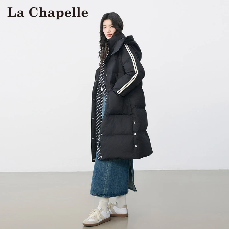 拉夏贝尔黑长羽绒服女冬季新款时尚保暖宽松外套长款LAC459127959